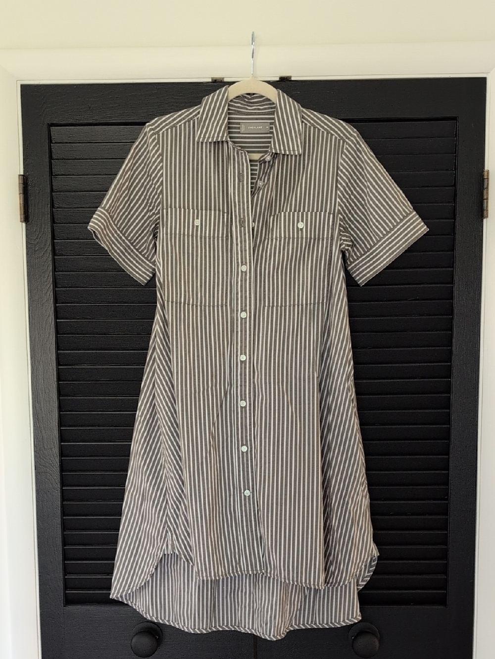 Everlane Olive and White Striped Midi Shirt Dress